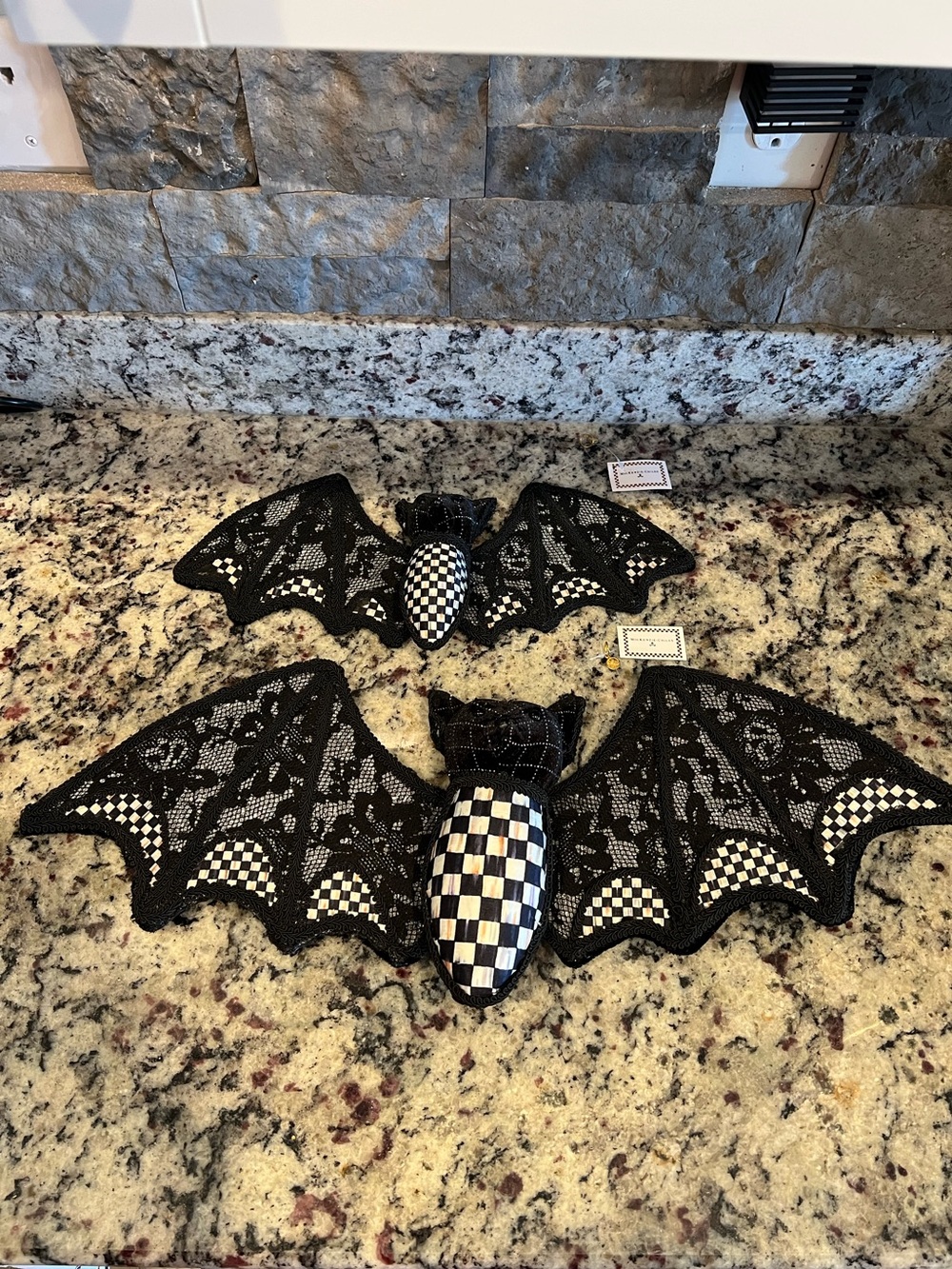 Mackenzie-Childs Haunted House Hanging Black Velvet & Check Bats, Set of 2. NIB.